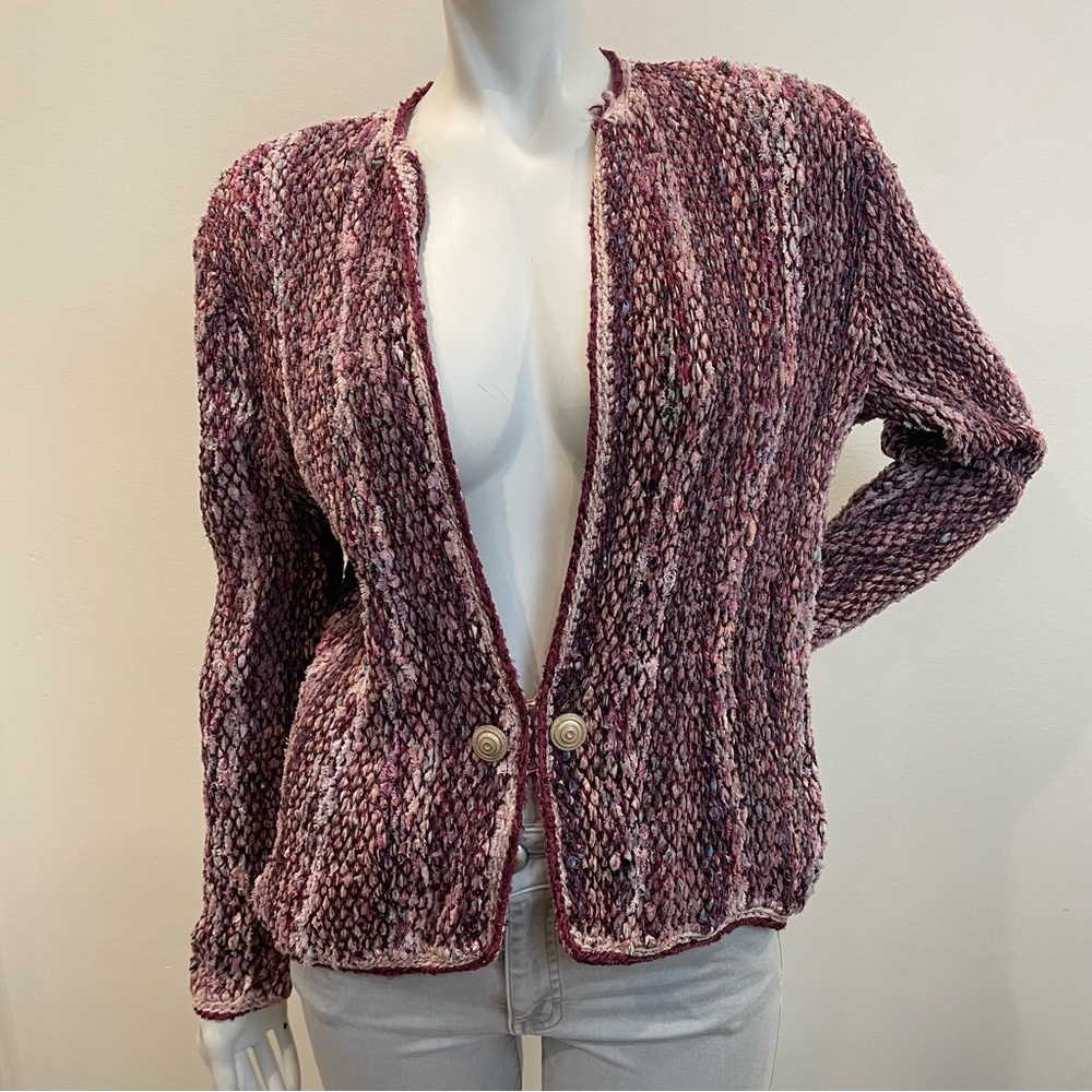 ESTELLE Vintage 80s Purple Pink Multimedia Art To Wear Cardigan Sweater